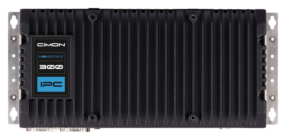 CIMON NB Series 300 Industrial Box PC top view showing the fanless heat-sink enclosure and mounting brackets