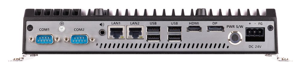 CIMON NB Series 300 Industrial Box PC front I/O panel with COM, LAN, USB, HDMI, and DP ports